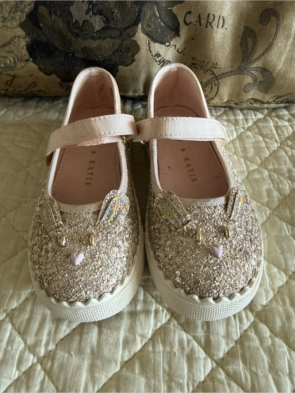 Kelly & Katie Girls' Gold Glitter Bunny Mary Janes with Pink Heart